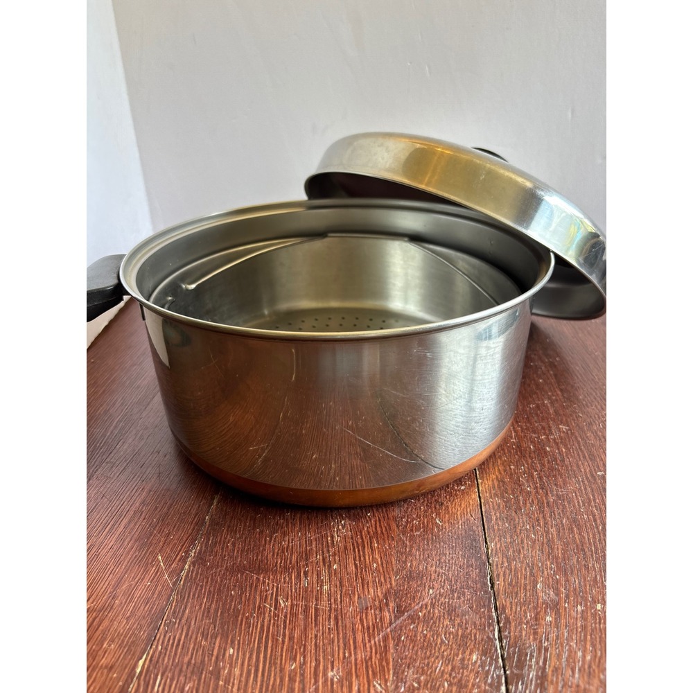 Vintage Revere Ware Copper Bottom Stock Pot Steamer Basket Lid Double Ring 9"